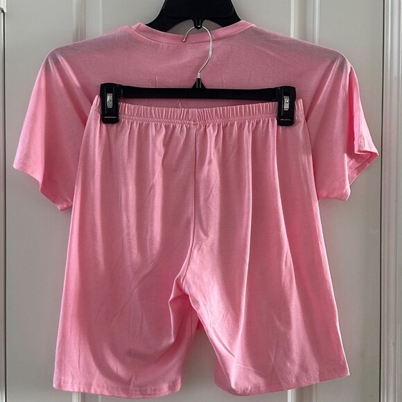 Pink Two-Piece Lounge Set With Elastic Waist Shorts & Ruched Top - Picture 2 of 7
